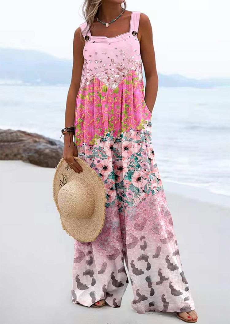 

Floral Leopard Button Ruffled Wide Leg Jumpsuit, Multicolor, SCM018404