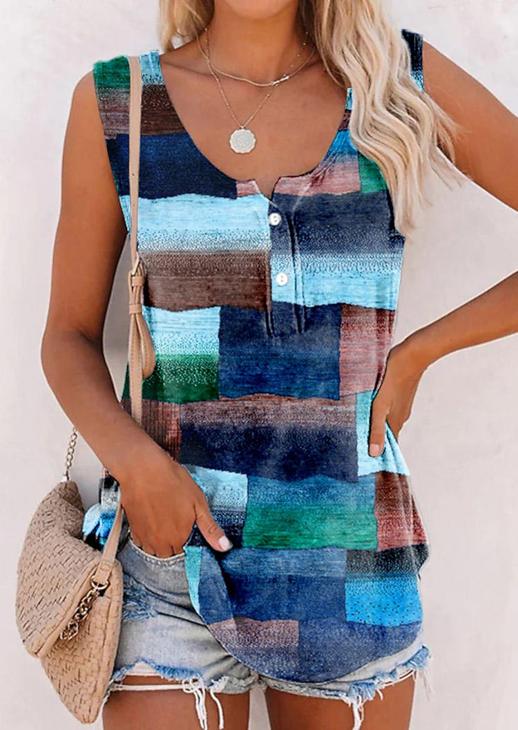 

Geometric Color Block Button Tank - Blue, SCM018018