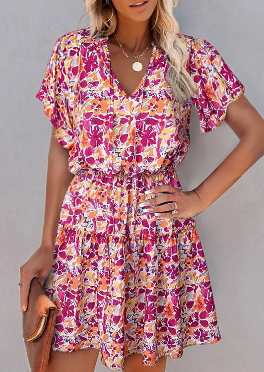 

Floral Ruffled Tie V-Neck Mini Dress, Multicolor, SCM018356