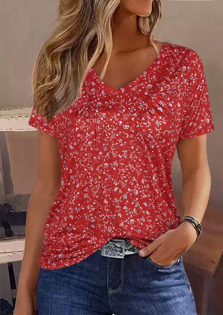 

Ditsy Floral Ruffled V-Neck Blouse - Red, SCM018364