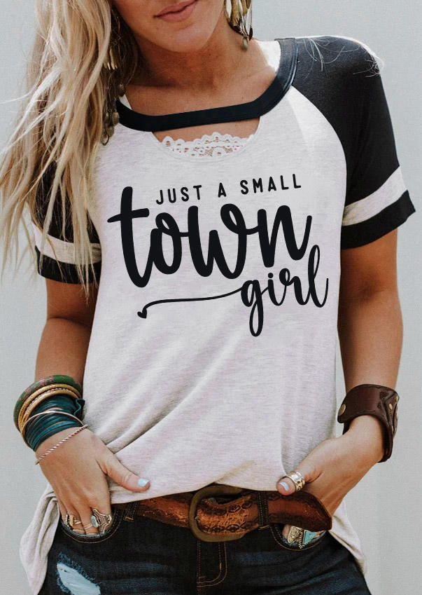 

Just A Small Town Girl Keyhole Neck T-Shirt Tee - Light Grey, Gray, SCM018414