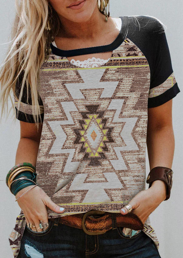 

Aztec Geometric Hollow Out Blouse, Multicolor, SCM018487