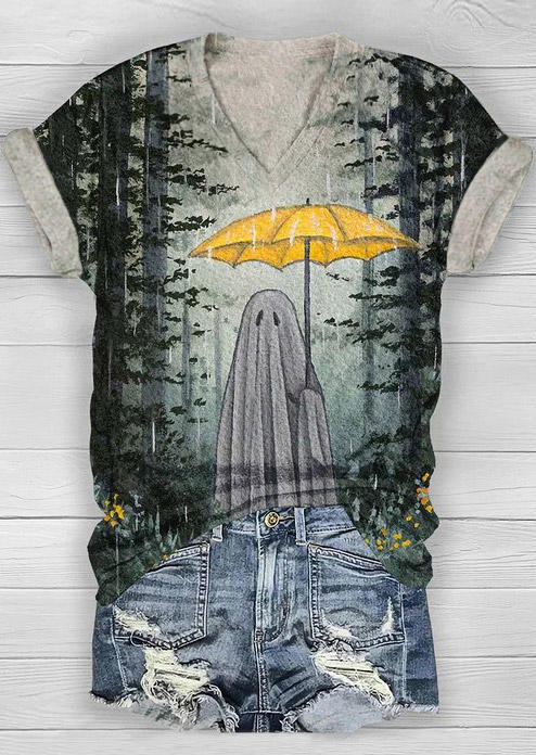 

Ghost Forest V-Neck T-Shirt Tee, Multicolor, SCM018660