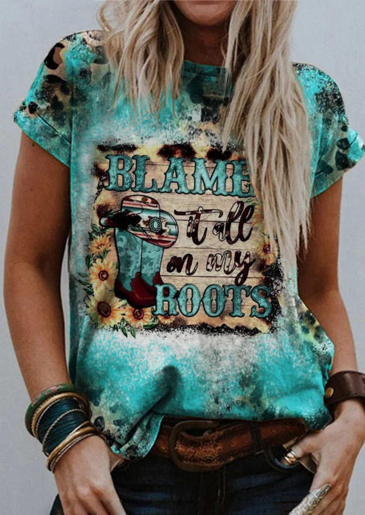 

Blame It All On My Roots Sunflower Leopard Bleached T-Shirt Tee - Cyan, Blue, SCM018327