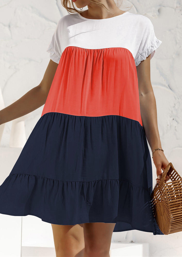 

Color Block Ruffled Loose O-Neck Mini Dress, Multicolor, SCM018340