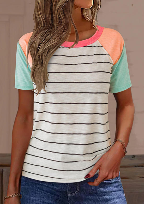 

Color Block Striped O-Neck Blouse, Multicolor, SCM018374