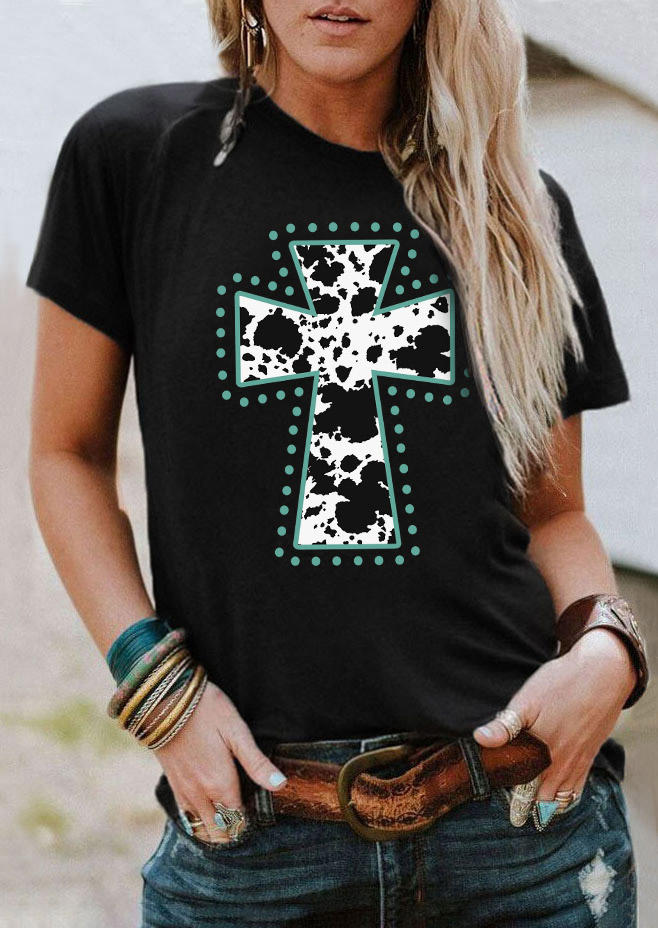 

Cow Cross O-Neck T-Shirt Tee - Black, SCM018582