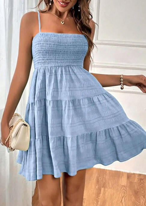 

Ruffled Smocked Spaghetti Strap Mini Dress - Blue, SCM018275