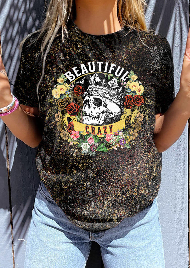 

Beautiful Crazy Rose Skull O-Neck T-Shirt Tee, Multicolor, SCM018413