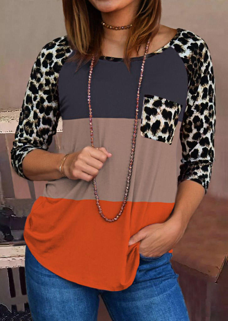 

Color Block Leopard Pocket Blouse, Multicolor, SCM018448