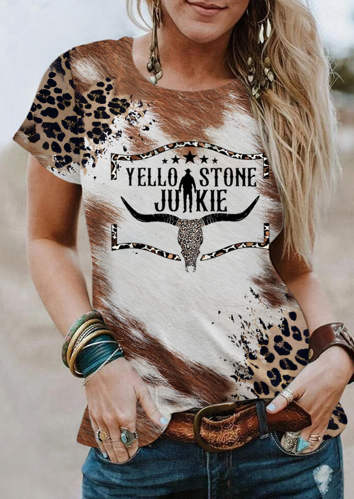 Leopard Steer Skull Bleached T-Shirt Tee, Multicolor, SCM018478