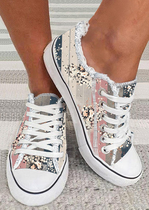 

Floral Striped Frayed Lace Up Sneakers, Multicolor, SCM018597