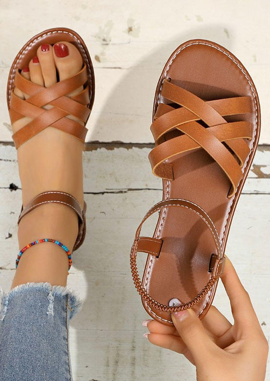 

Criss-Cross Hollow Out Flat Sandals - Dark Brown, SCM018599