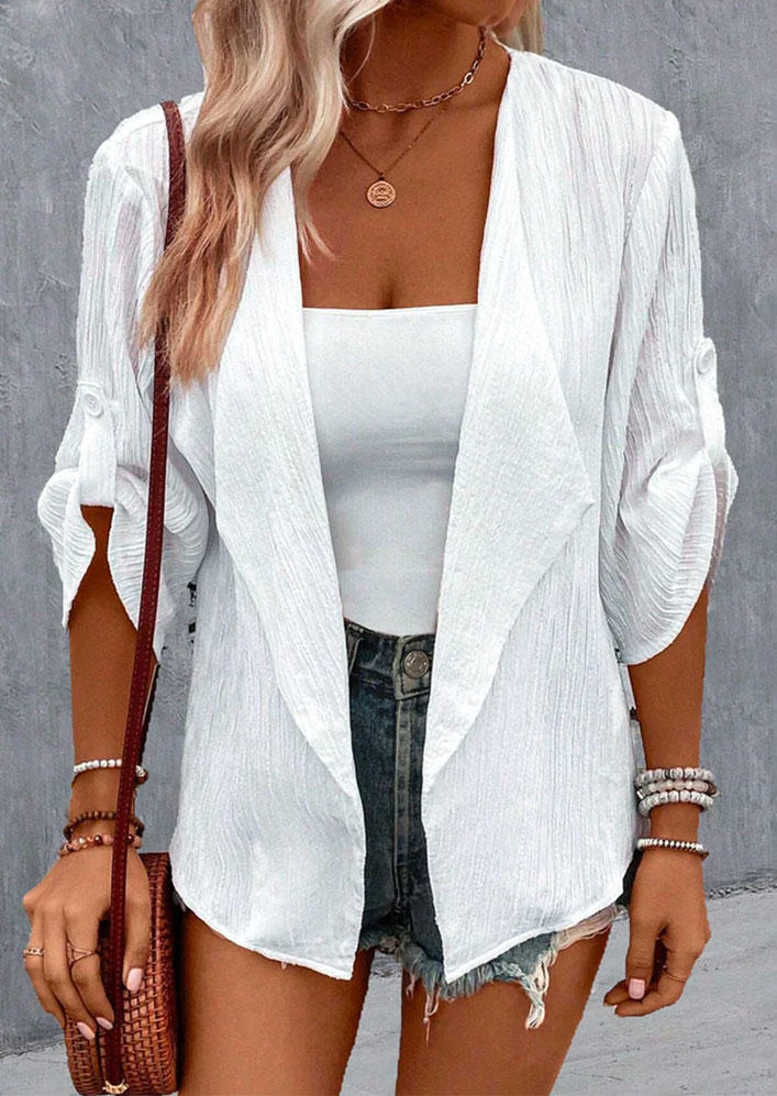 

Chiffon Open Front Tab-Sleeve Cardigan - White, SCM018722