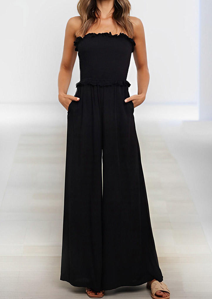 Pocket Smocked Ruffled Bandeau Jumpsuit - Black