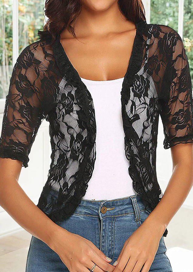 Floral Lace Splicing Open Front Cardigan - Black