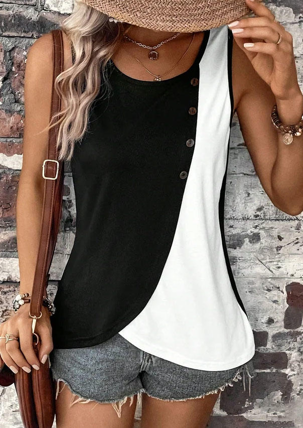 

Color Block Button Irregular Tank, Multicolor, SCM018584