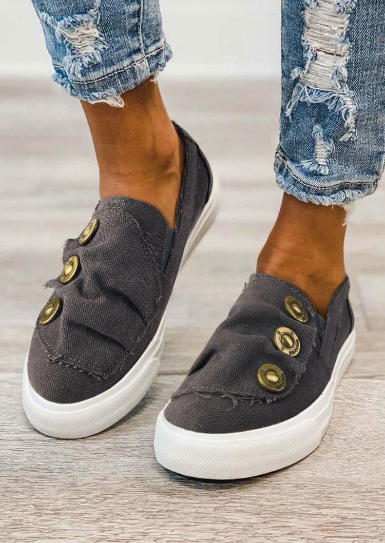 Button Slip On Round Toe Flat Sneakers - Gray