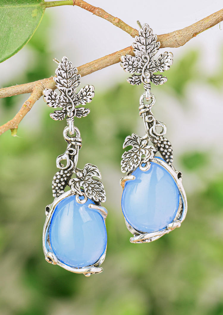 

Grape Vine Leaf Water Drop Gem Alloy Stud Earrings, Blue, SCM015144