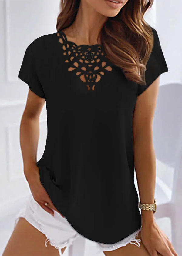 

Hollow Out Short Sleeve Blouse - Black, SCM018059