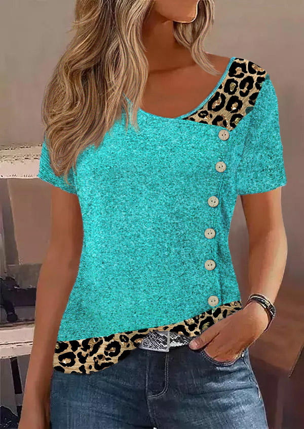 

Leopard Button Short Sleeve Blouse, Multicolor, SCM018345