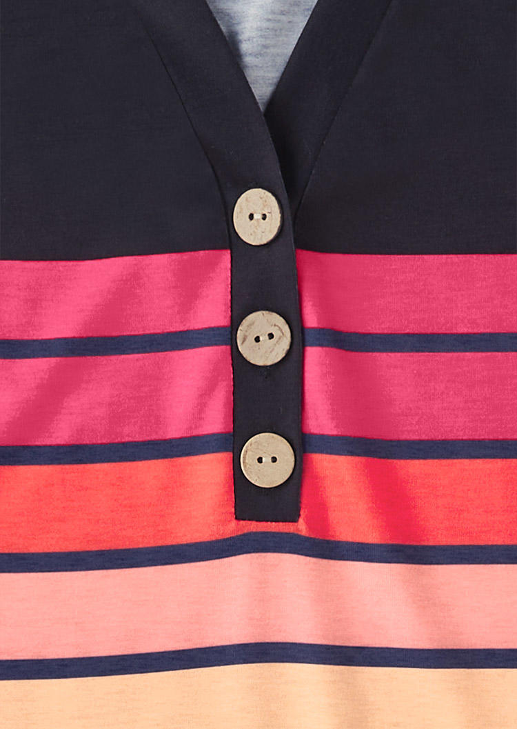 Gradient Striped Button V-Neck Blouse