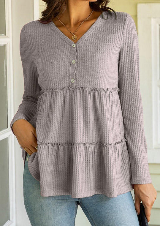 

Ruffled Button Waffle Long Sleeve Blouse - Camel, Brown, SCM018440