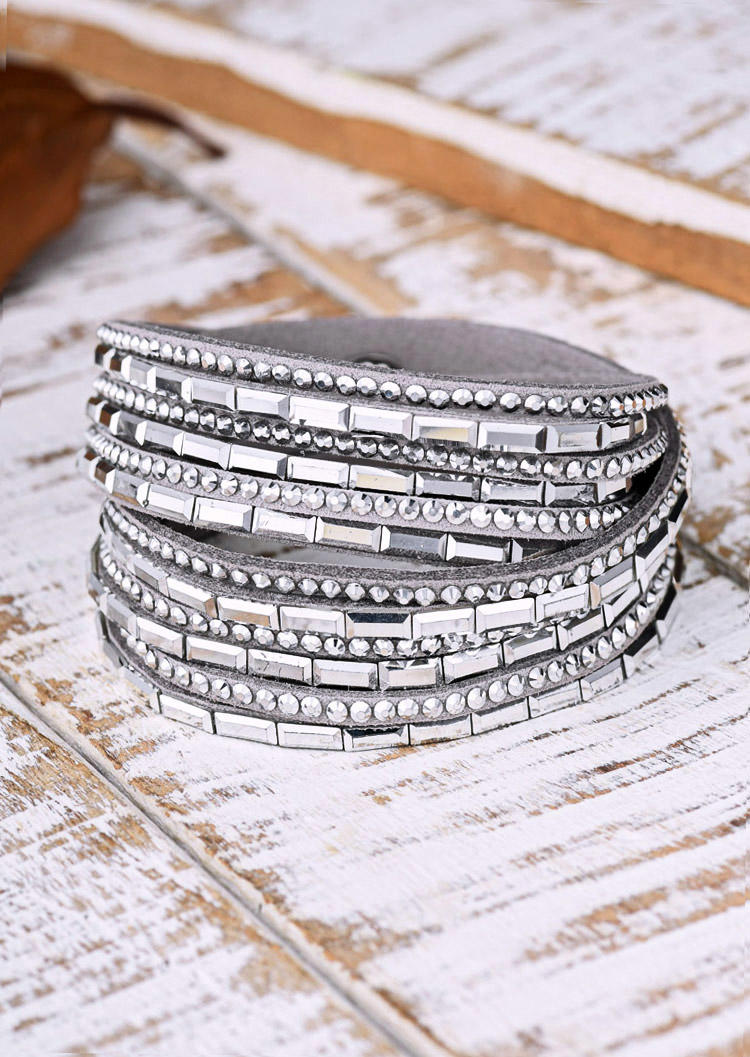 

Rhinestone Snap Button PU Leather Bracelet, Gray, SCM018533