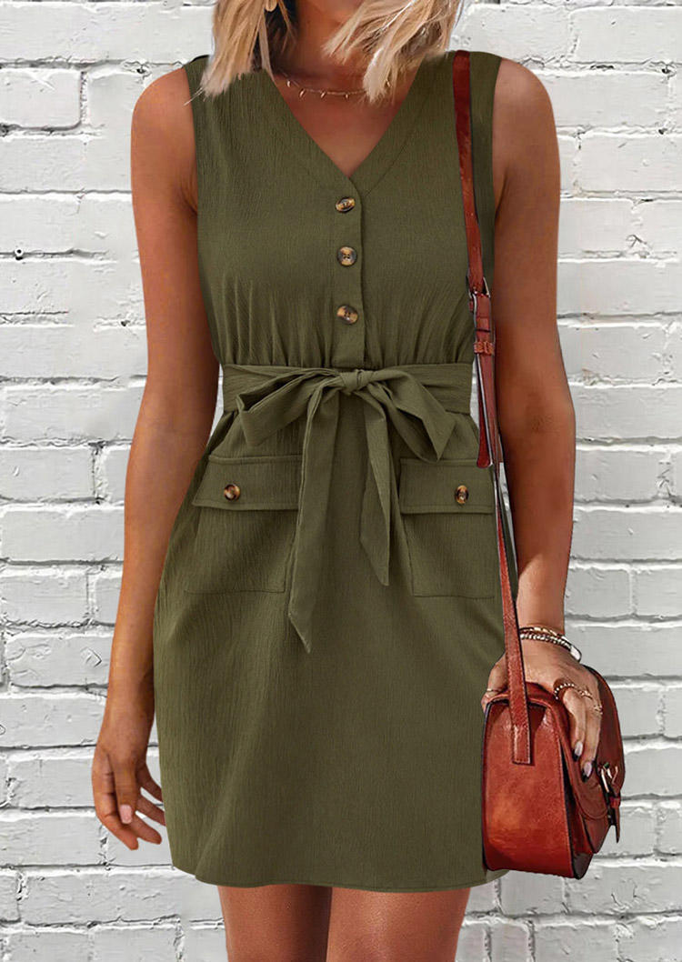 

Pocket Button Sleeveless Mini Dress with Belt - Army Green, SCM018559