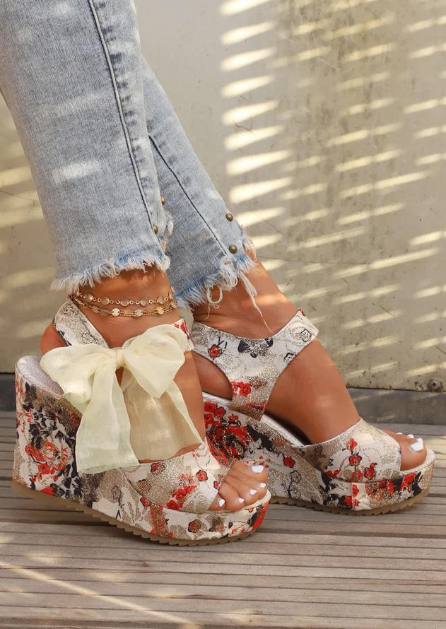 Ditsy Floral Bowknot Peep Toe Wedge Sandals
