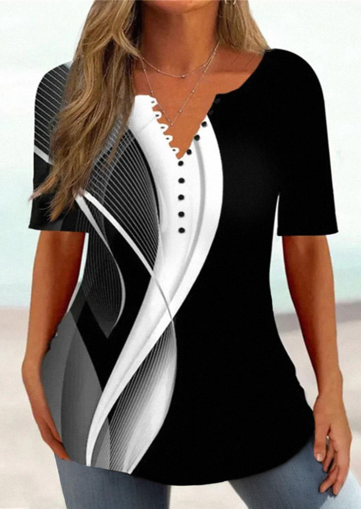 

Geometric Button Notched Neck Blouse, Multicolor, SCM018617