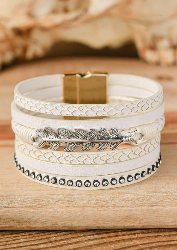 

Feather Rhinestone Fish Scale Multi-Layered Magnet Buckle Bracelet, White, SCM018668