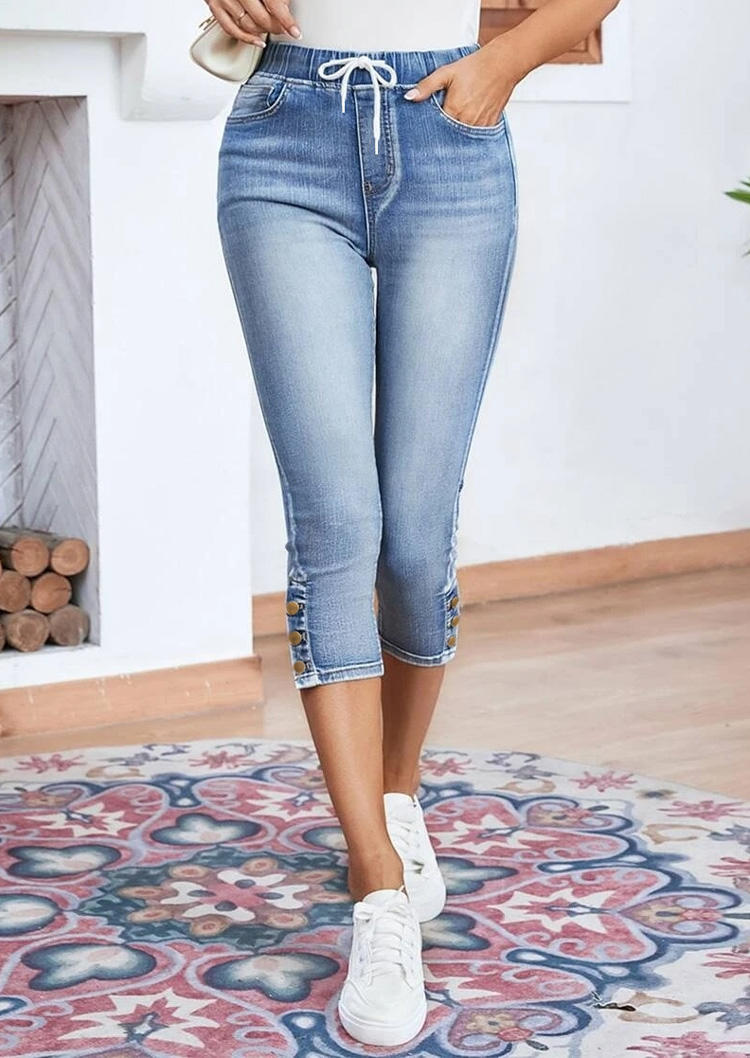 Button Drawstring Denim Capri Pants - Light Blue