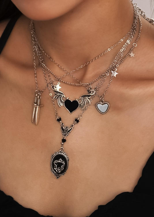 

5Pcs Heart Star Gothic Pendant Necklace Set, Black, SCM018706