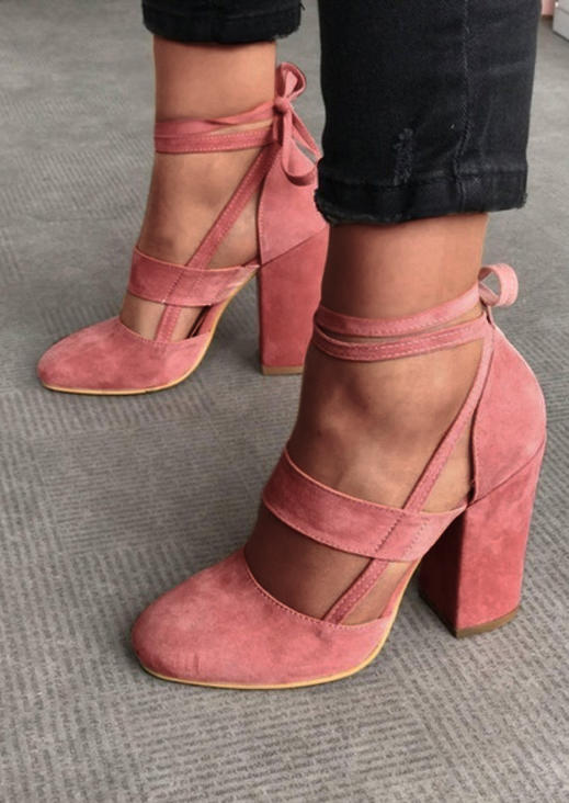 

Chunky Strappy Hollow Out Tie Heels - Pink, SCM018266