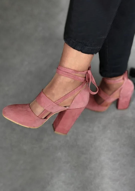 Chunky Strappy Hollow Out Tie Heels - Pink