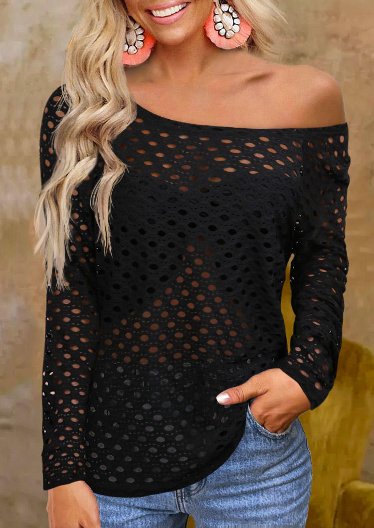 

Hollow Out Slash Neck Long Sleeve Blouse - Black, SCM018482