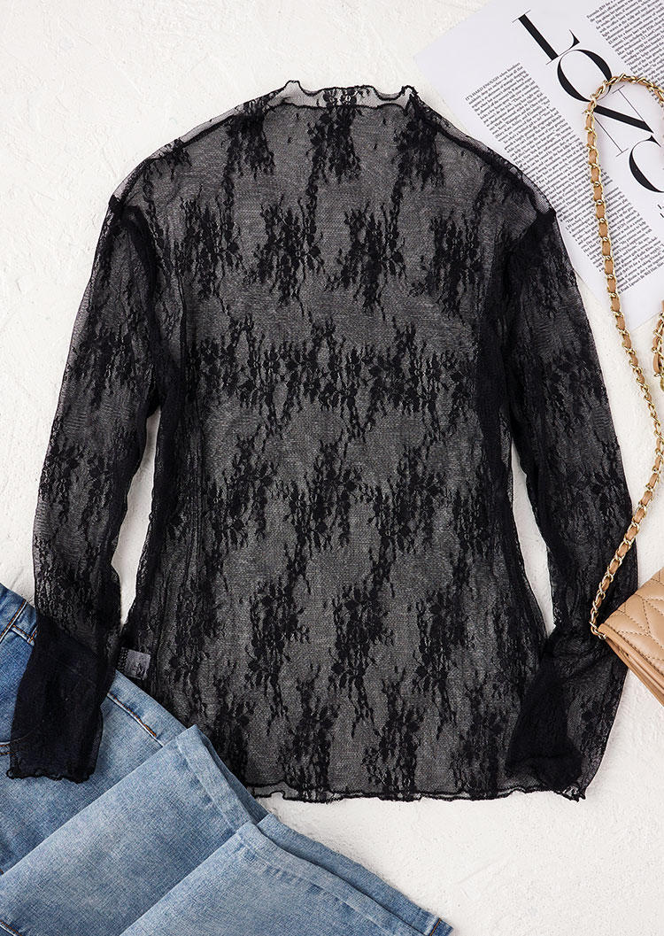 Floral Lace See-Through Long Sleeve Blouse - Black