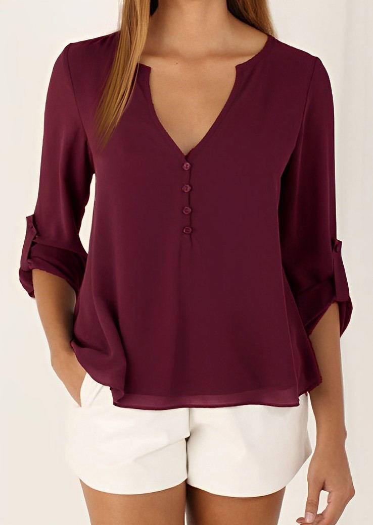 

Button Notched Collar Long Sleeve Blouse - Burgundy, Red, SCM018578