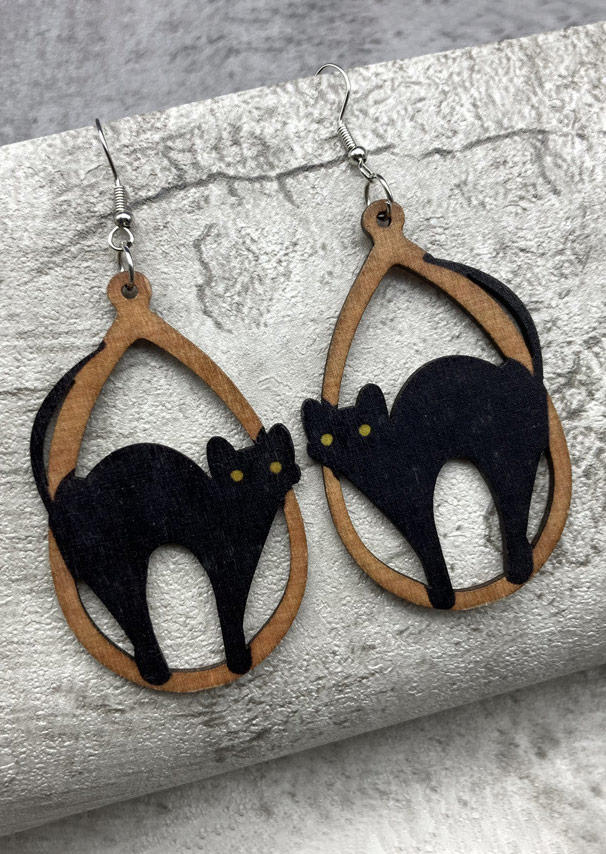

Cat Hollow Out Wooden Earrings, Black, SCM018595