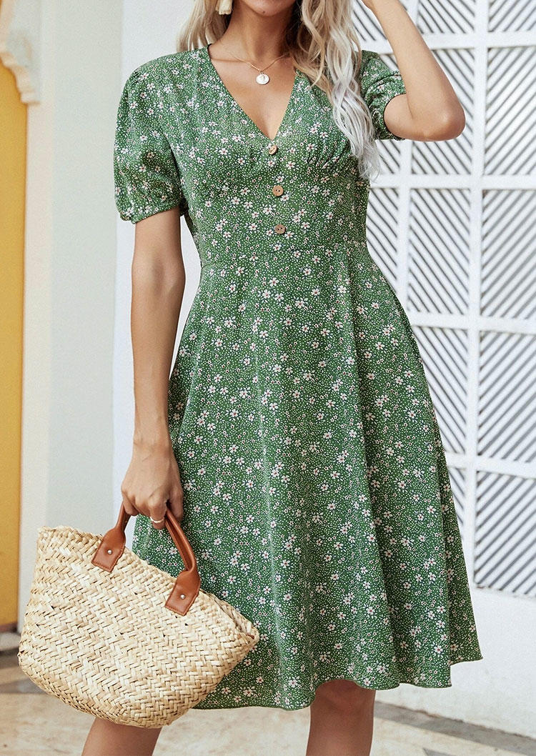 

Ditsy Floral Elastic Cuff Button Mini Dress - Green, SCM018673