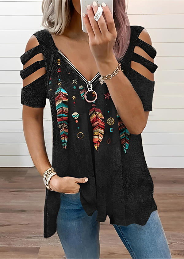 

Feather Hollow Out Zipper Cold Shoulder Blouse - Black, SCM018694