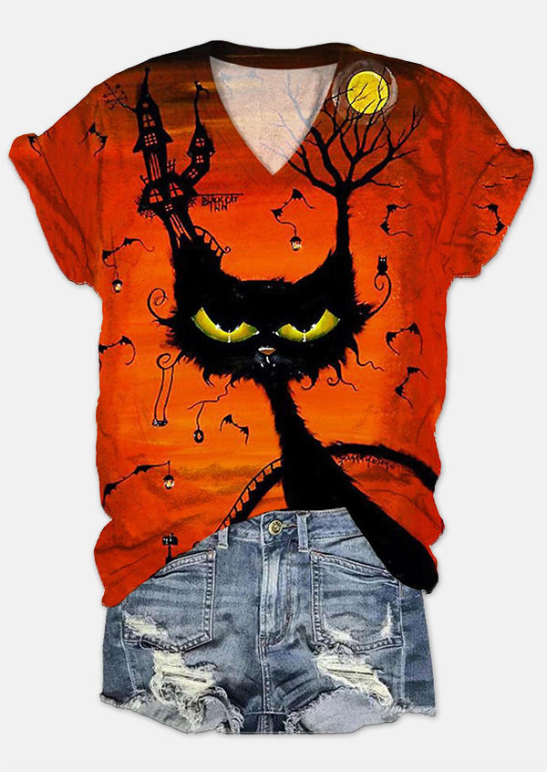 

Halloween Elf Cat V-Neck T-Shirt Tee - Orange, SCM018714