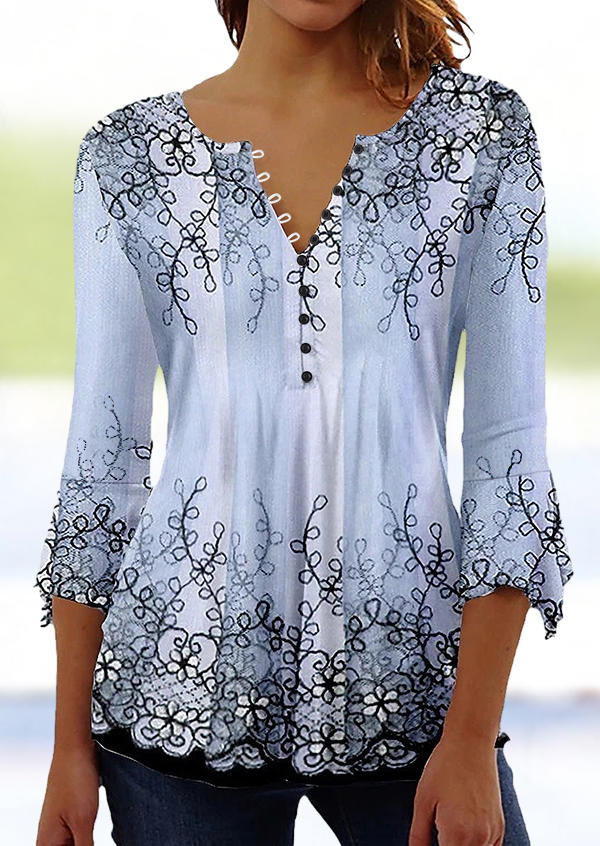 

Floral Button O-Neck Blouse - Blue, SCM018311