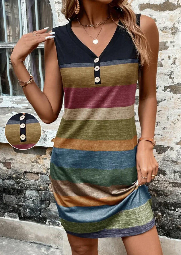 

Striped Button V-Neck Mini Dress, Multicolor, SCM018434
