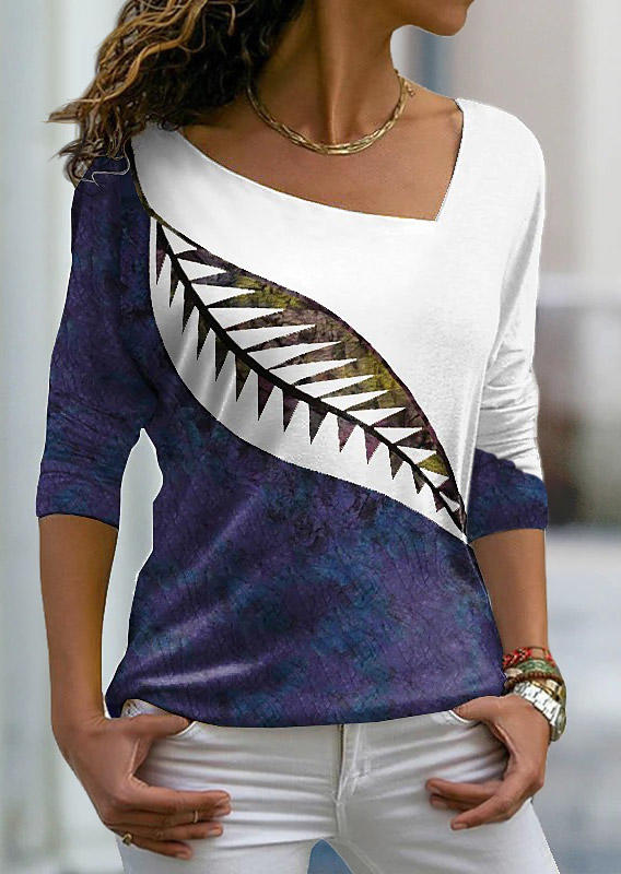 

Color Block Leaf Slash Neck Long Sleeve Blouse - White, SCM018486