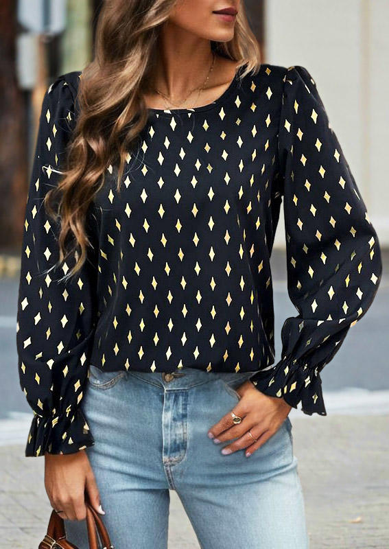 

Geometric Ruffled O-Neck Blouse - Black, SCM018509
