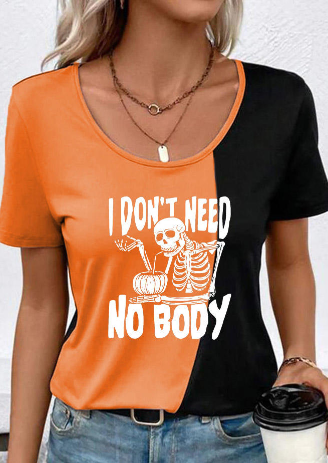 

I Don't Need No Body Color Block Skeleton Pumpkin T-Shirt Tee, Orange, SCM018627