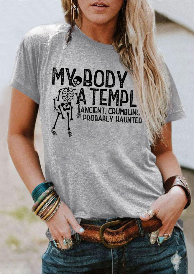 

Halloween My Body Is A Temple Ancient Skeleton T-Shirt Tee - Gray, SCM018858