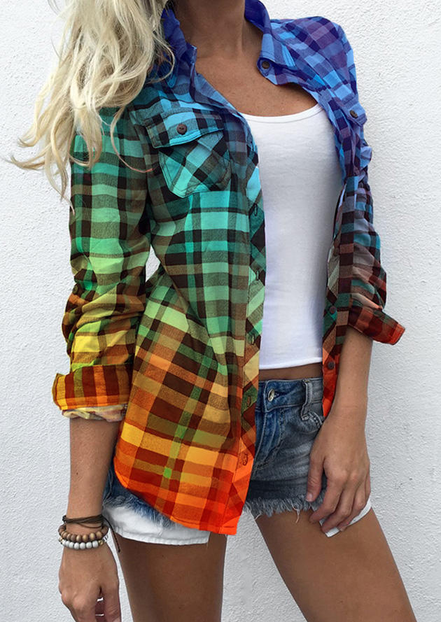 Gradient Plaid Pocket Turn-Down Collar Shirt